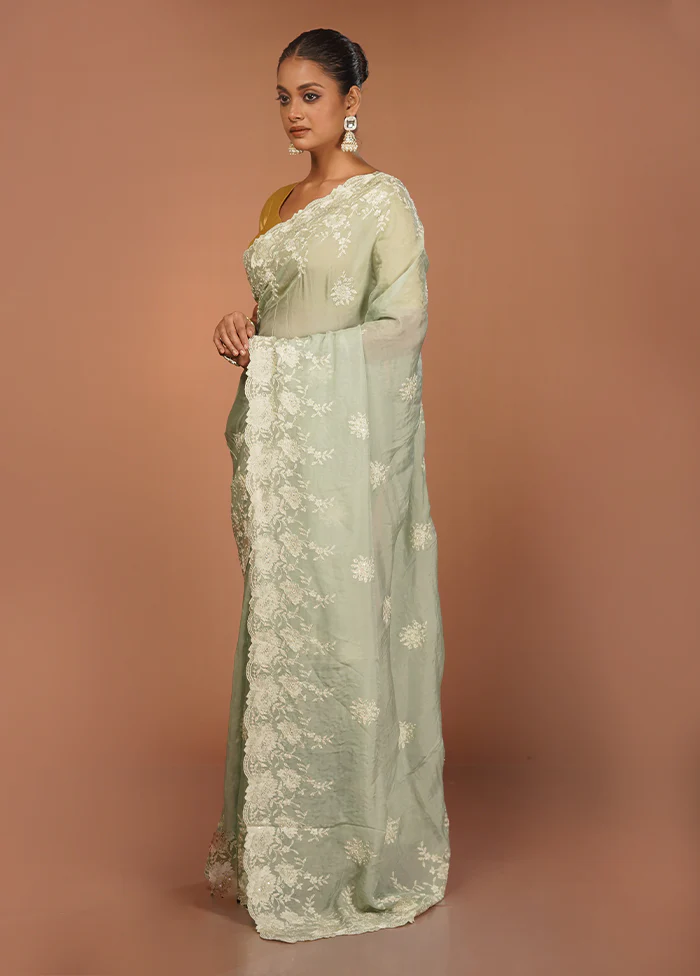Green Handloom Pure Organza Saree With Blouse Piece - Image 4