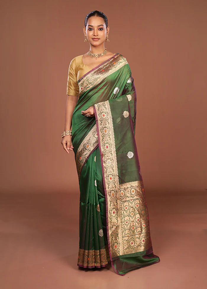 Green Handloom Pure Organza Saree With Blouse Piece - Image 2