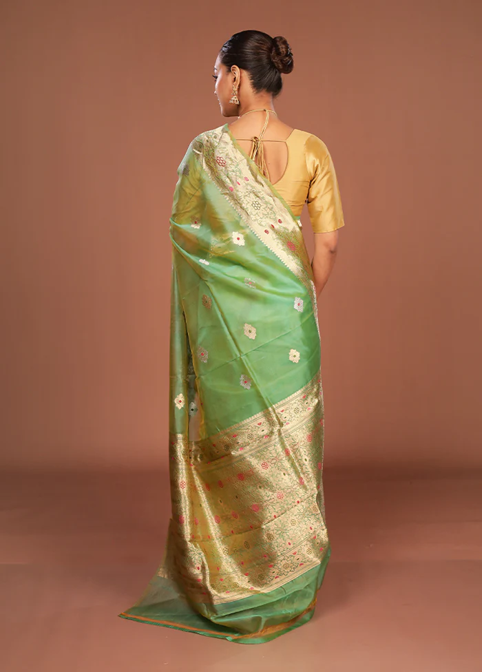 Green Handloom Pure Organza Saree With Blouse Piece - Image 3