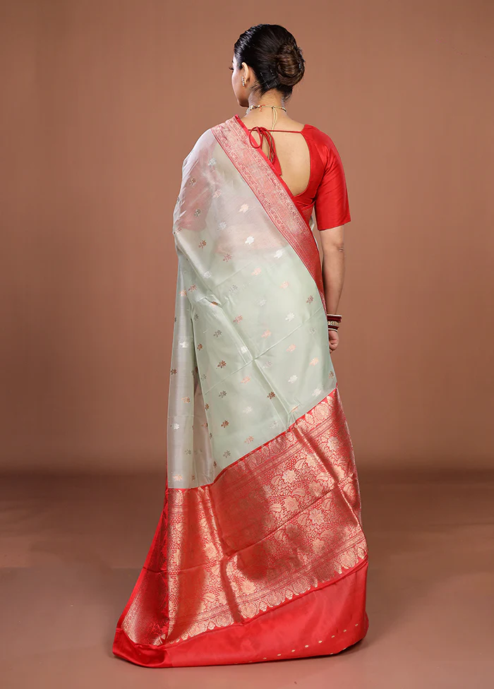 Green Handloom Pure Organza Saree With Blouse Piece - Image 3