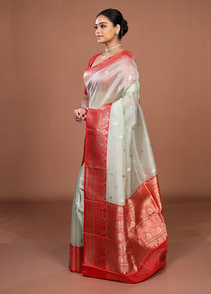 Green Handloom Pure Organza Saree With Blouse Piece - Image 4
