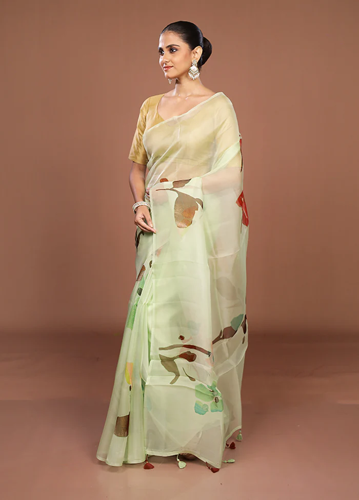 Green Handloom Pure Organza Saree With Blouse Piece - Image 4
