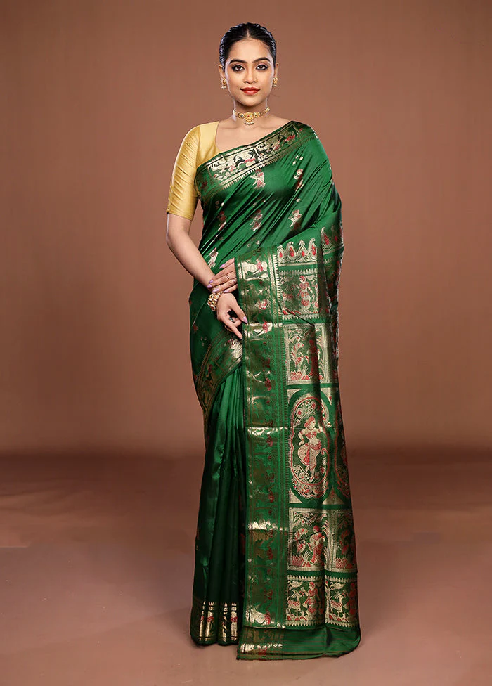 Green Handloom Swarnachuri Pure Silk Saree With Blouse Piece - Image 2