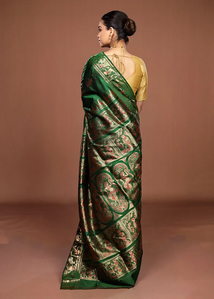 Green Handloom Swarnachuri Pure Silk Saree With Blouse Piece - Image 3