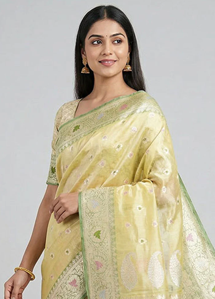 Green Handloom Tissue Pure Silk Saree With Blouse Piece - Image 2
