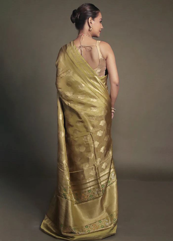 Green Handloom Tissue Pure Silk Saree With Blouse Piece - Image 3