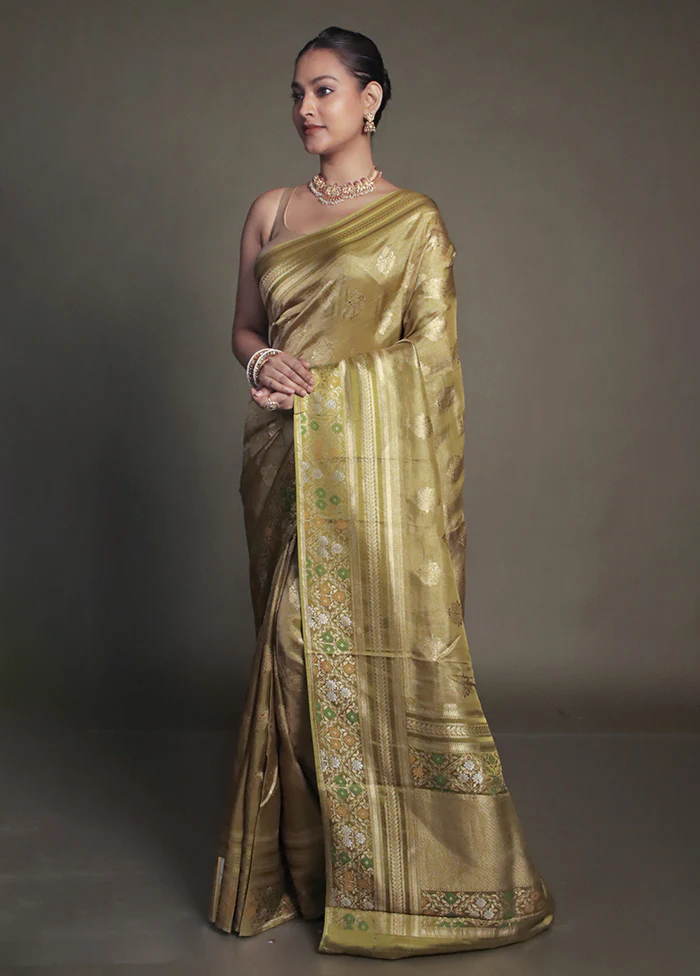 Green Handloom Tissue Pure Silk Saree With Blouse Piece - Image 4