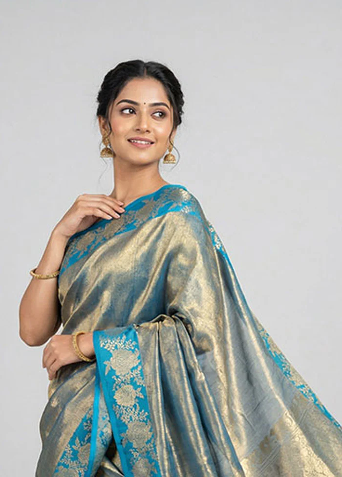 Green Handloom Tissue Pure Silk Saree With Blouse Piece - Image 2