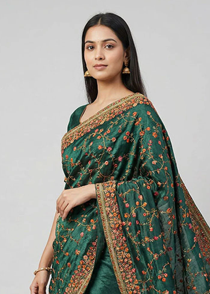 Green Handloom Tissue Pure Silk Saree With Blouse Piece - Image 2