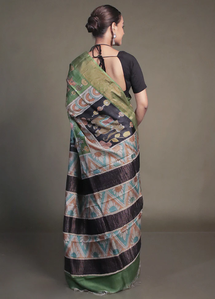 Green Handloom Tussar Pure Silk Saree With Blouse Piece - Image 3