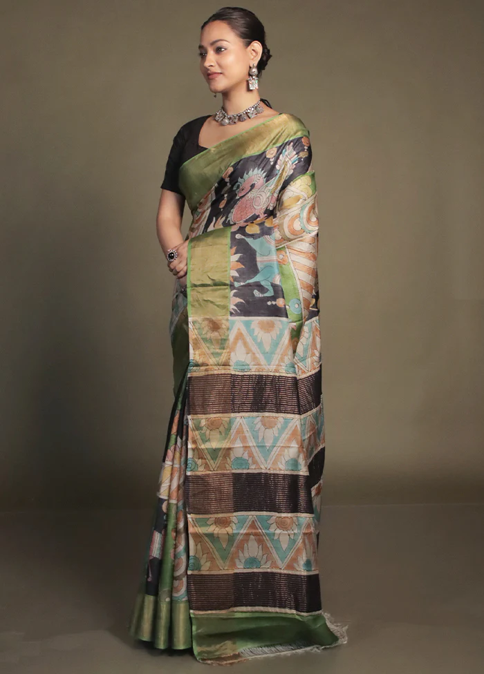 Green Handloom Tussar Pure Silk Saree With Blouse Piece - Image 4