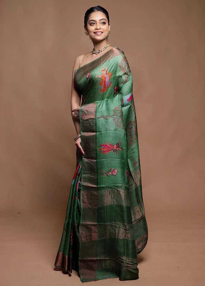 Green Handloom Tussar Pure Silk Saree With Blouse Piece - Image 4