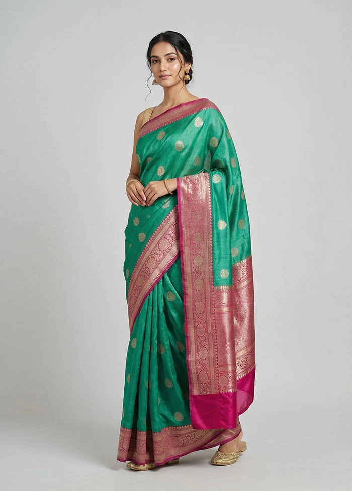 Green Handloom Tussar Pure Silk Saree With Blouse Piece
