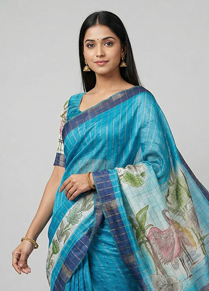 Green Handloom Tussar Silk Saree With Blouse Piece - Image 2