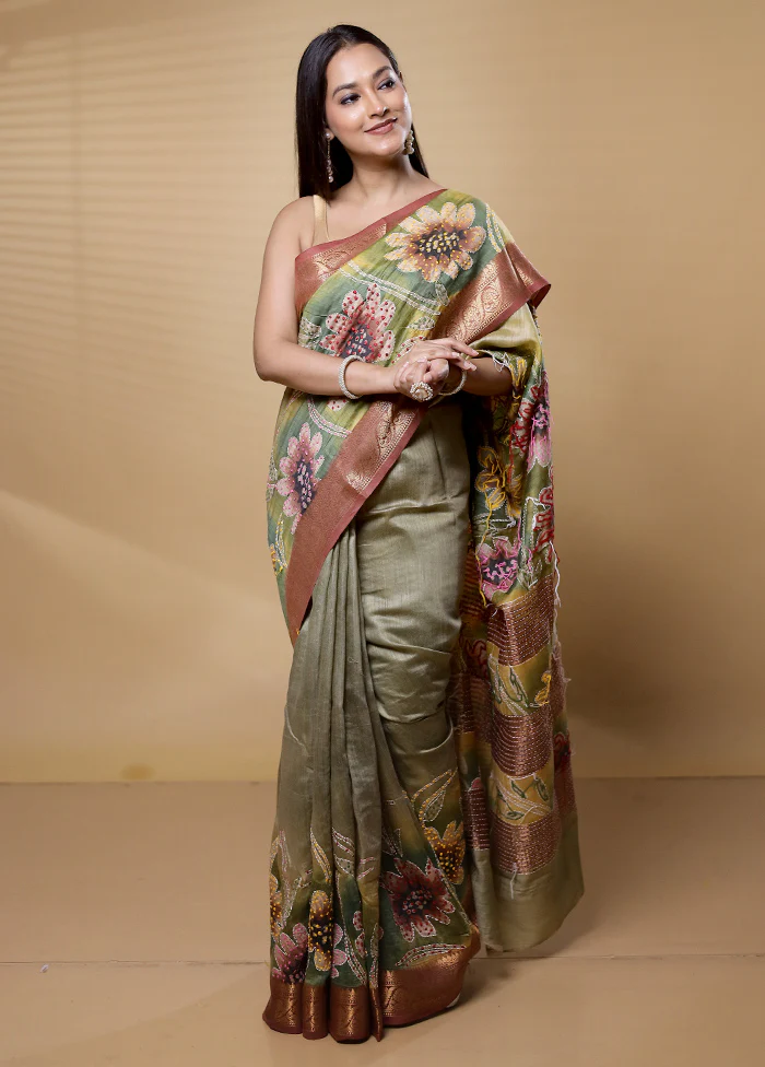 Green Handloom Tussar Pure Silk Saree With Blouse Piece - Image 2