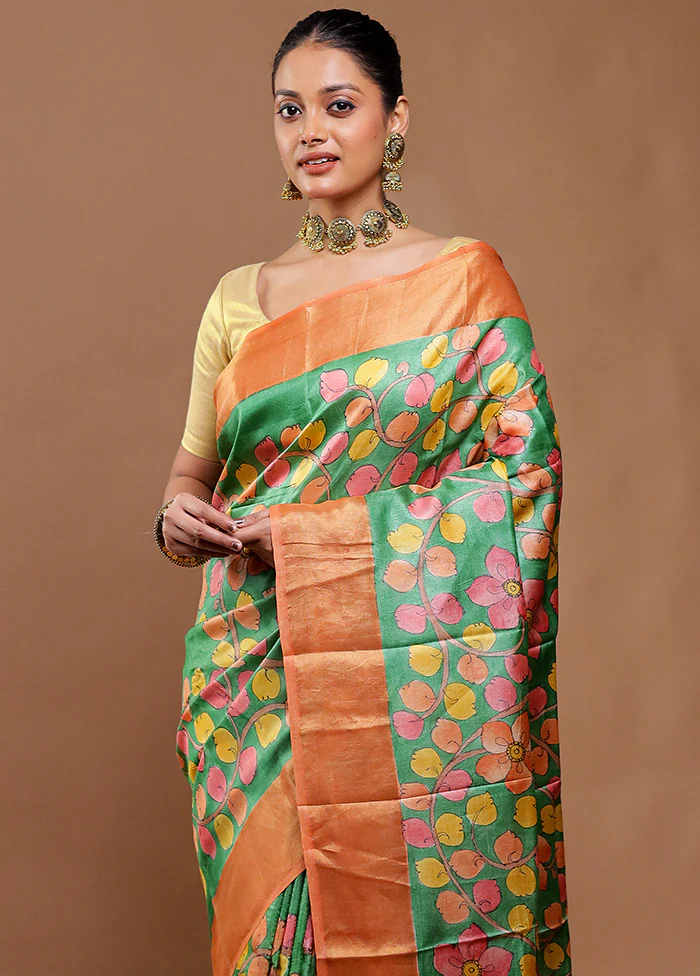 Green Handloom Tussar Pure Silk Saree With Blouse Piece - Image 2