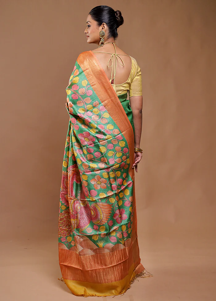 Green Handloom Tussar Pure Silk Saree With Blouse Piece - Image 3