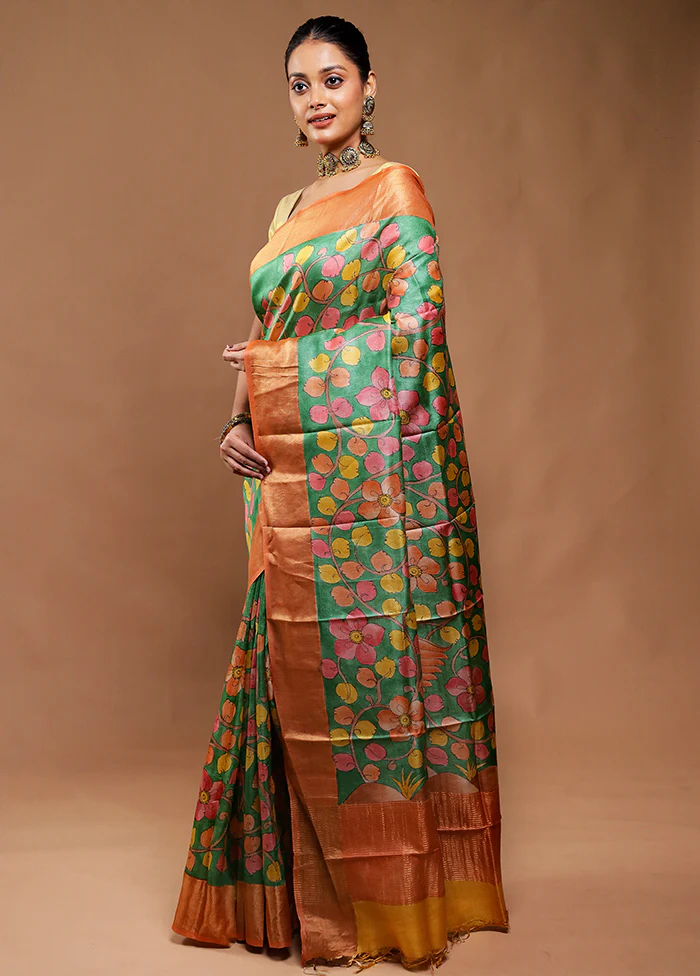 Green Handloom Tussar Pure Silk Saree With Blouse Piece - Image 4
