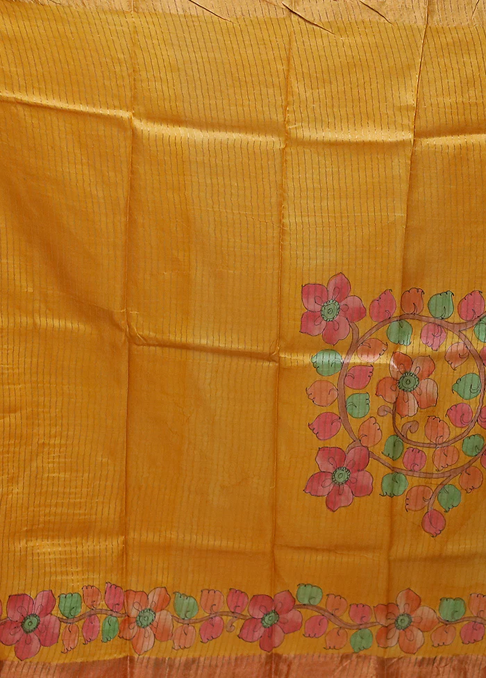 Green Handloom Tussar Pure Silk Saree With Blouse Piece - Image 5