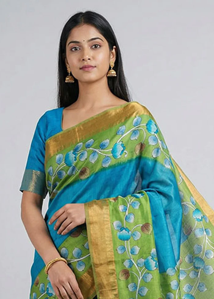Green Handloom Tussar Pure Silk Saree With Blouse Piece - Image 2