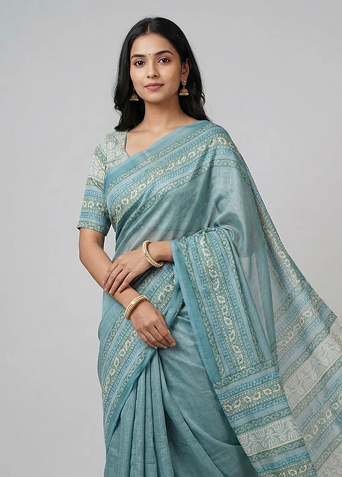 Green Handloom Tussar Pure Silk Saree With Blouse Piece - Image 2