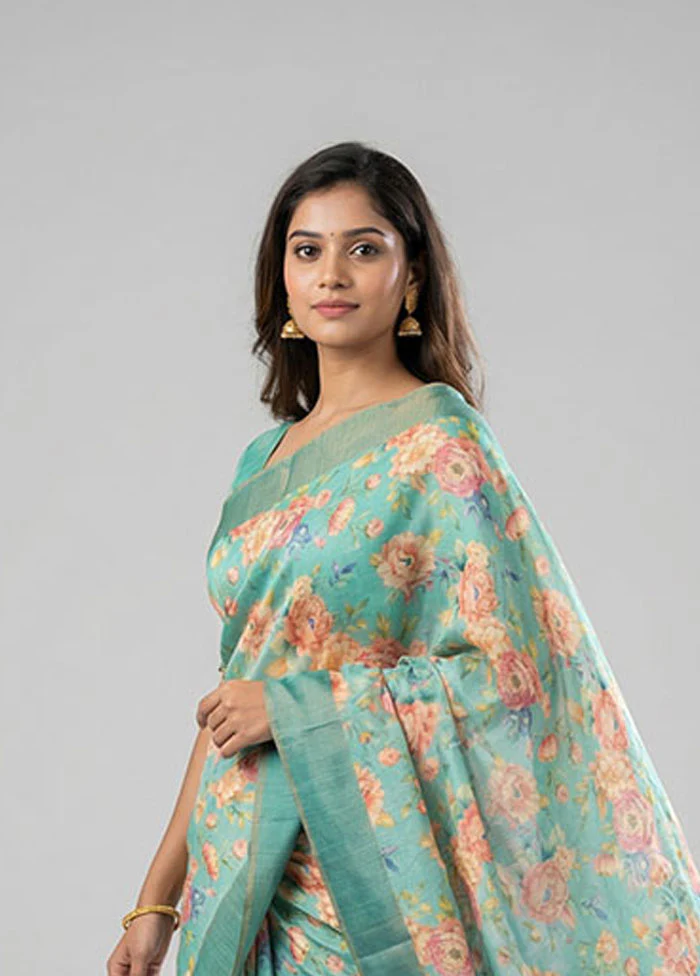 Green Handloom Tussar Pure Silk Saree With Blouse Piece - Image 2