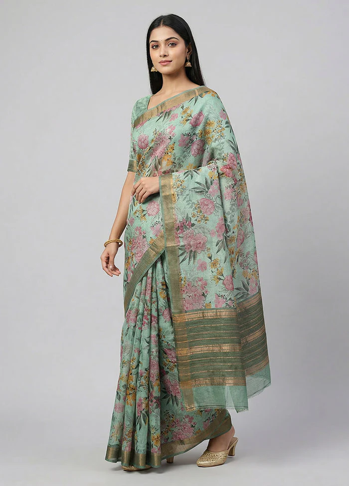 Green Handloom Tussar Pure Silk Saree With Blouse Piece