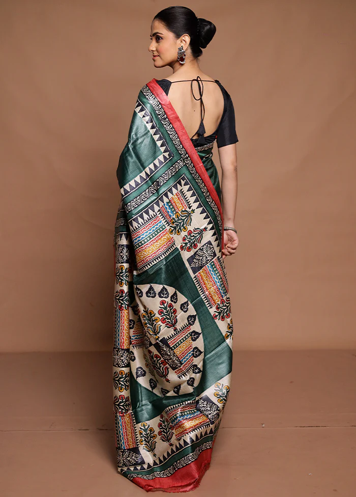 Green Handloom Tussar Pure Silk Saree With Blouse Piece - Image 3