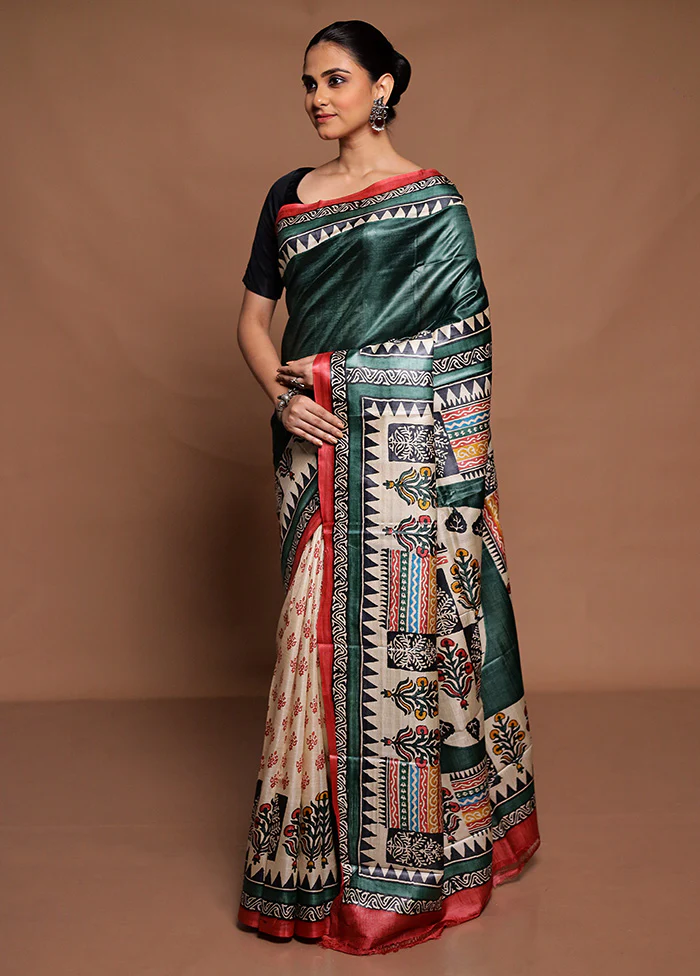 Green Handloom Tussar Pure Silk Saree With Blouse Piece - Image 4