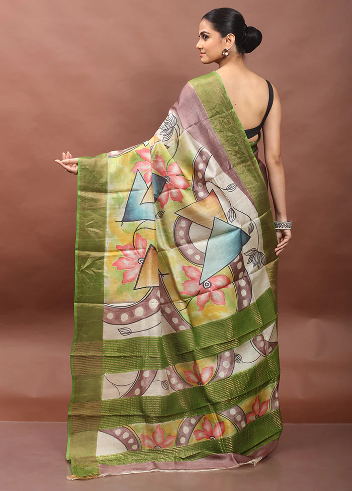 Green Handloom Tussar Pure Silk Saree With Blouse Piece - Image 3