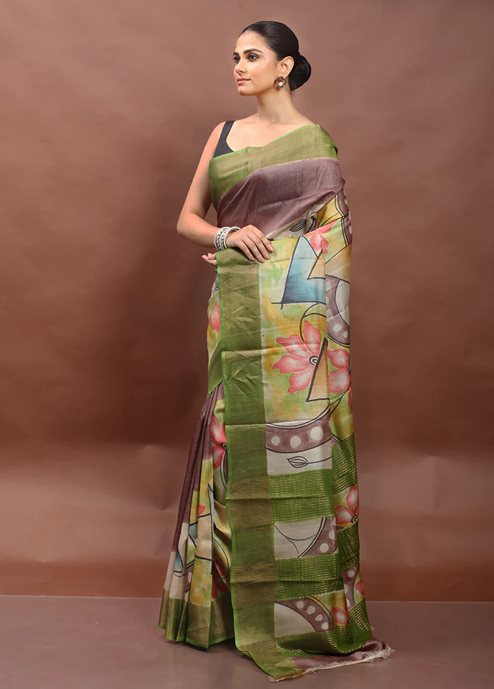 Green Handloom Tussar Pure Silk Saree With Blouse Piece - Image 4