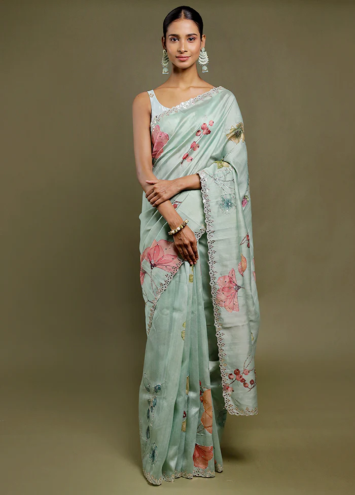 Green Handloom Tussar Pure Silk Saree With Blouse Piece