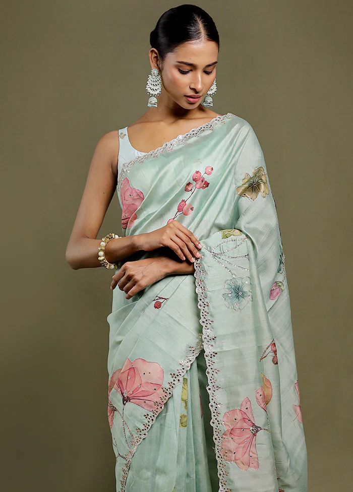 Green Handloom Tussar Pure Silk Saree With Blouse Piece - Image 2