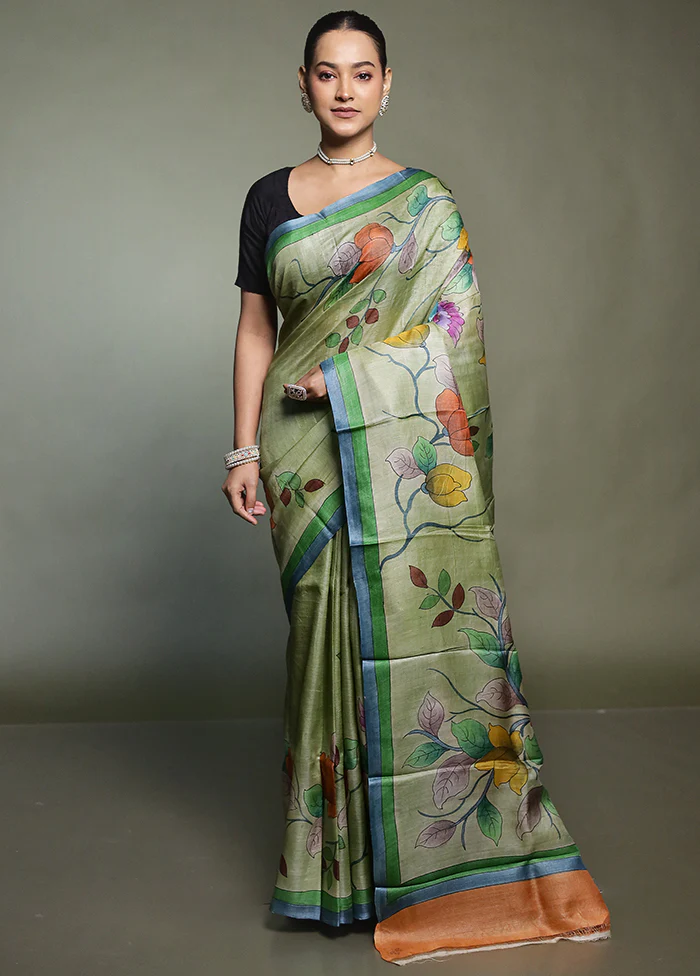 Green Handloom Tussar Pure Silk Saree With Blouse Piece - Image 2
