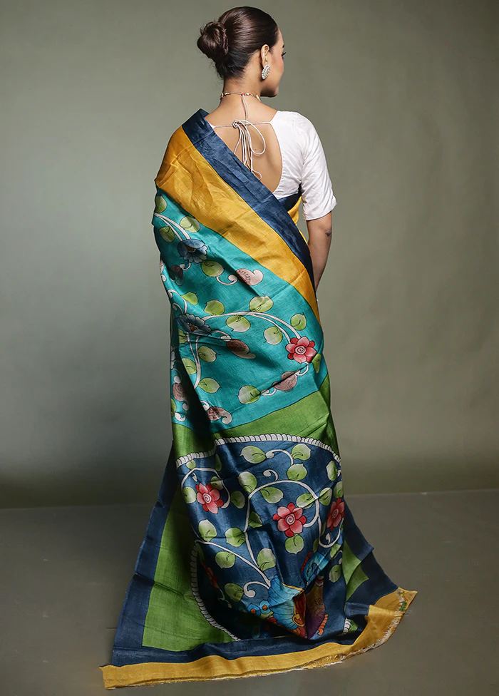 Blue Handloom Tussar Pure Silk Saree With Blouse Piece - Image 3