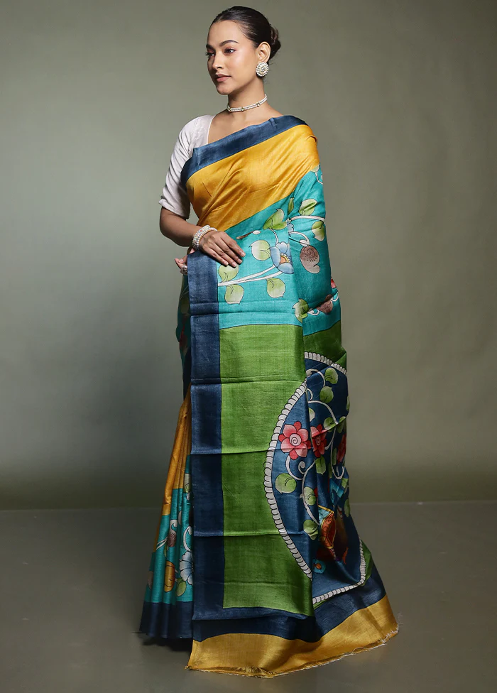 Blue Handloom Tussar Pure Silk Saree With Blouse Piece - Image 4