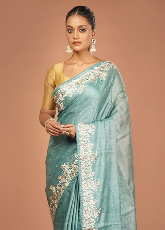Green Handloom Tussar Pure Silk Saree With Blouse Piece