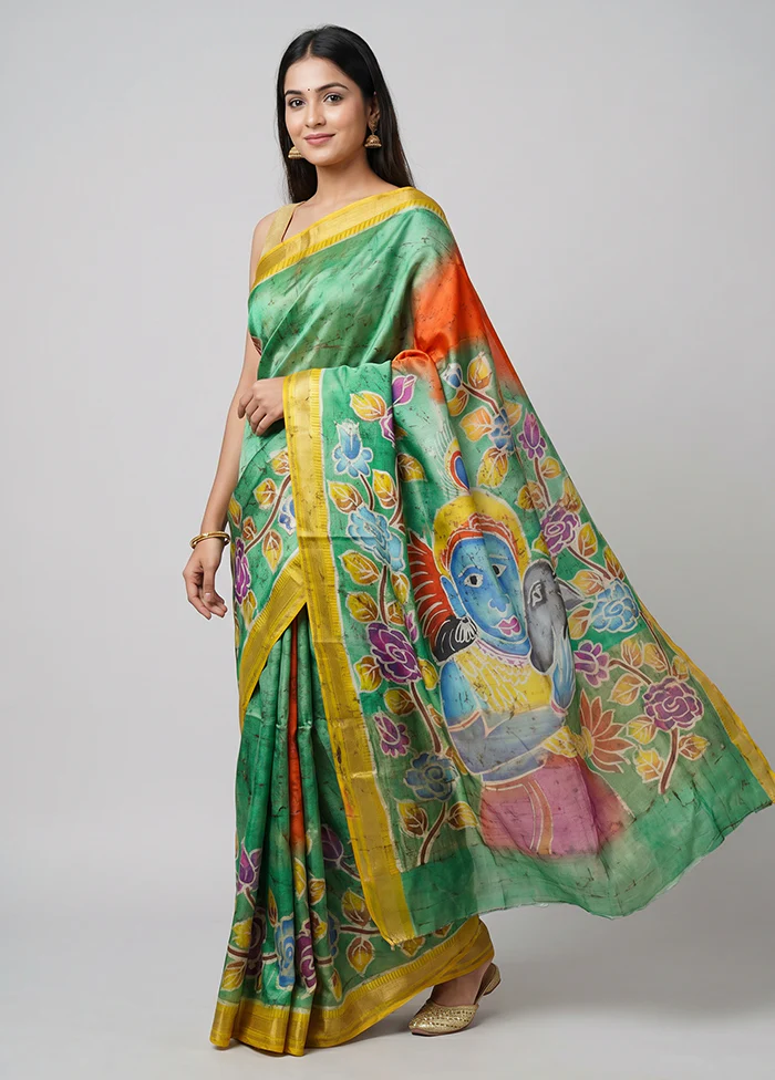 Green Handloom Tussar Pure Silk Saree With Blouse Piece