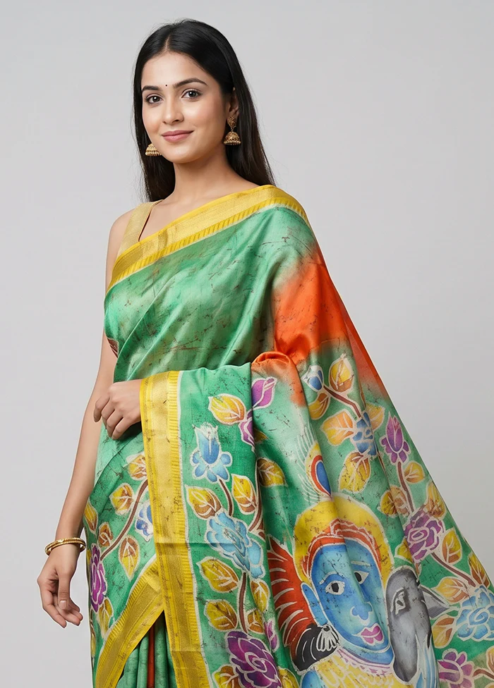 Green Handloom Tussar Pure Silk Saree With Blouse Piece - Image 2