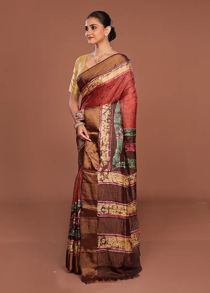 Green Handloom Tussar Pure Silk Saree With Blouse Piece - Image 4