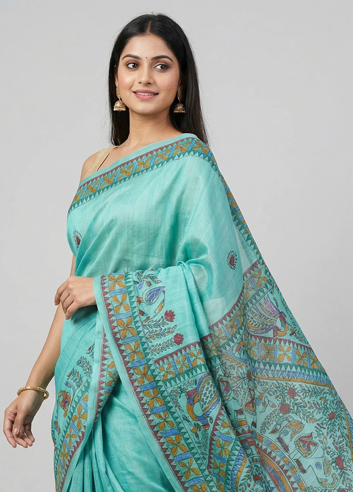 Green Handloom Tussar Pure Silk Saree With Blouse Piece - Image 2