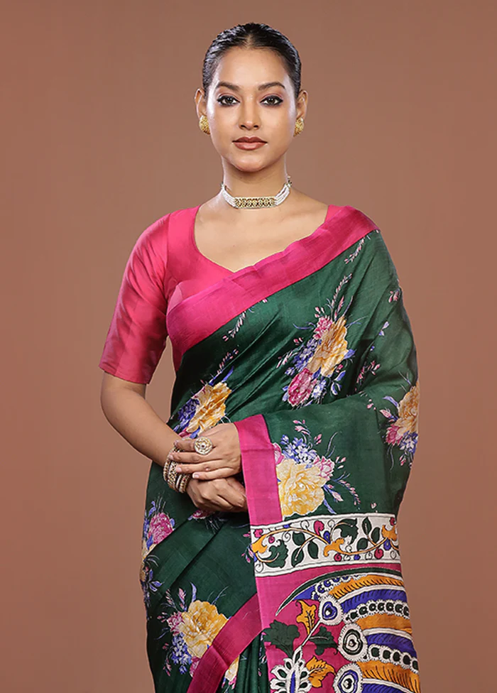 Green Handloom Tussar Pure Silk Saree With Blouse Piece