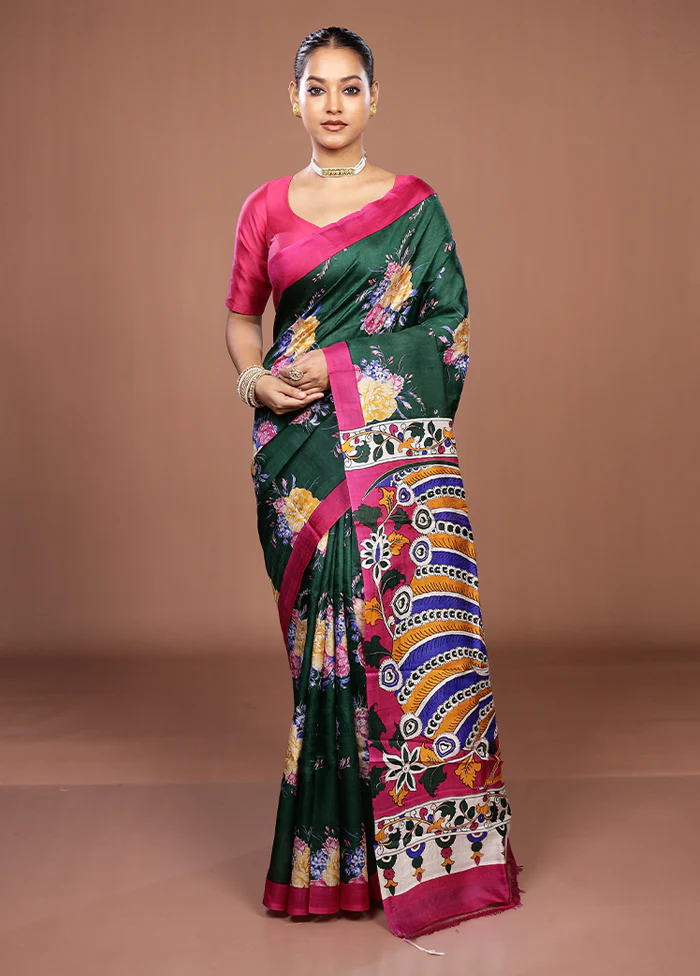 Green Handloom Tussar Pure Silk Saree With Blouse Piece - Image 2