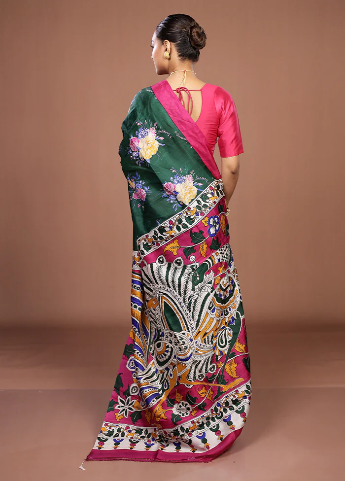 Green Handloom Tussar Pure Silk Saree With Blouse Piece - Image 3