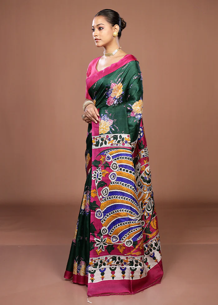 Green Handloom Tussar Pure Silk Saree With Blouse Piece - Image 4