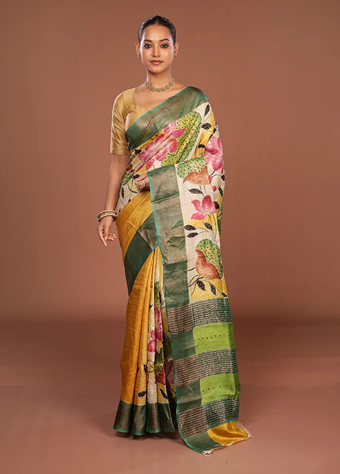 Green Handloom Tussar Pure Silk Saree With Blouse Piece - Image 2