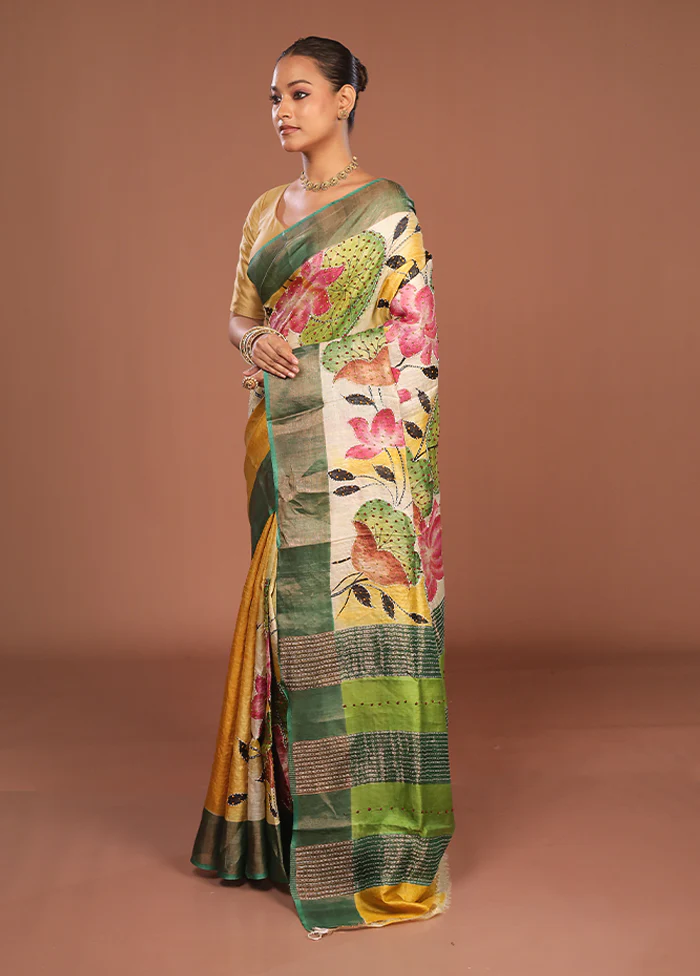 Green Handloom Tussar Pure Silk Saree With Blouse Piece - Image 4