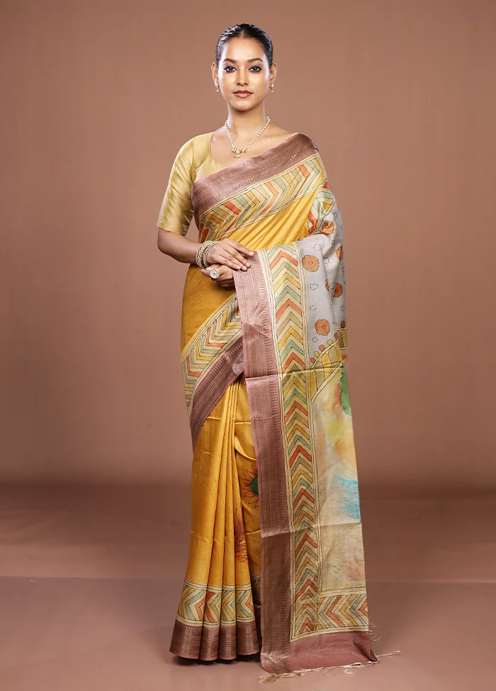 Yellow Handloom Tussar Pure Silk Saree With Blouse Piece - Image 2