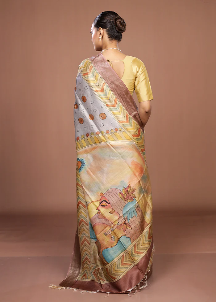 Yellow Handloom Tussar Pure Silk Saree With Blouse Piece - Image 3