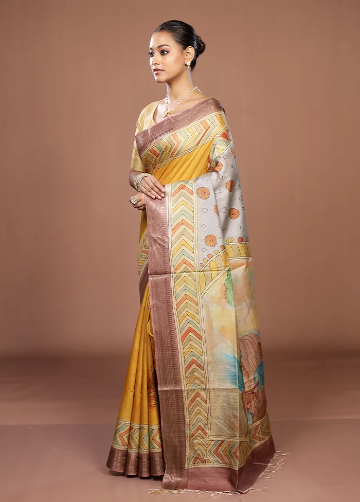 Yellow Handloom Tussar Pure Silk Saree With Blouse Piece - Image 4